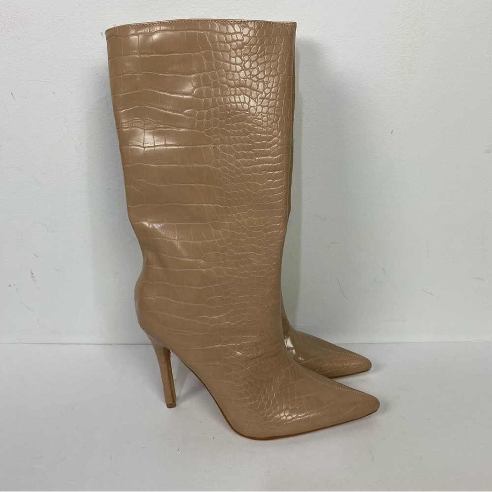 Public Desire Tan Croc Alligator Pointed Toe Tall Boots Neutral Minimalist capsu